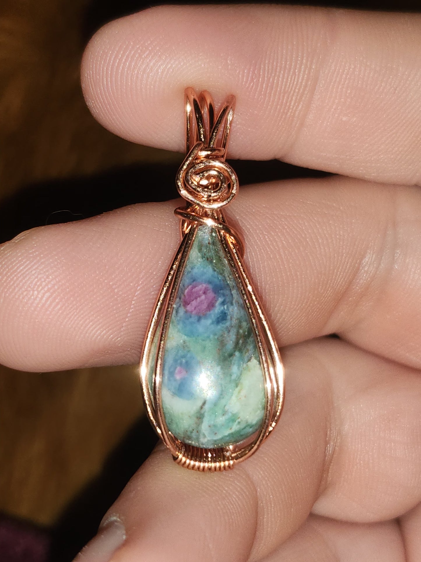 Ruby Fuchsite teardrop pendant in copper