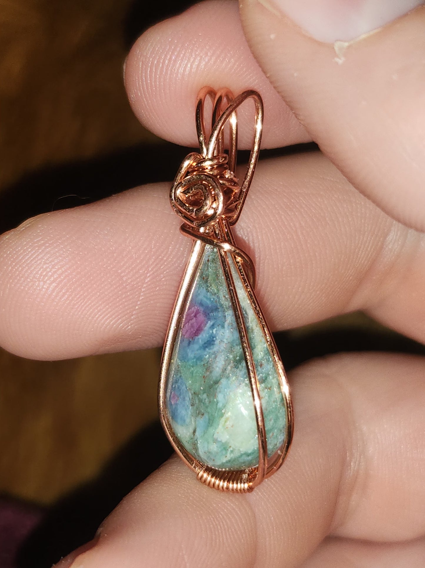 Ruby Fuchsite teardrop pendant in copper