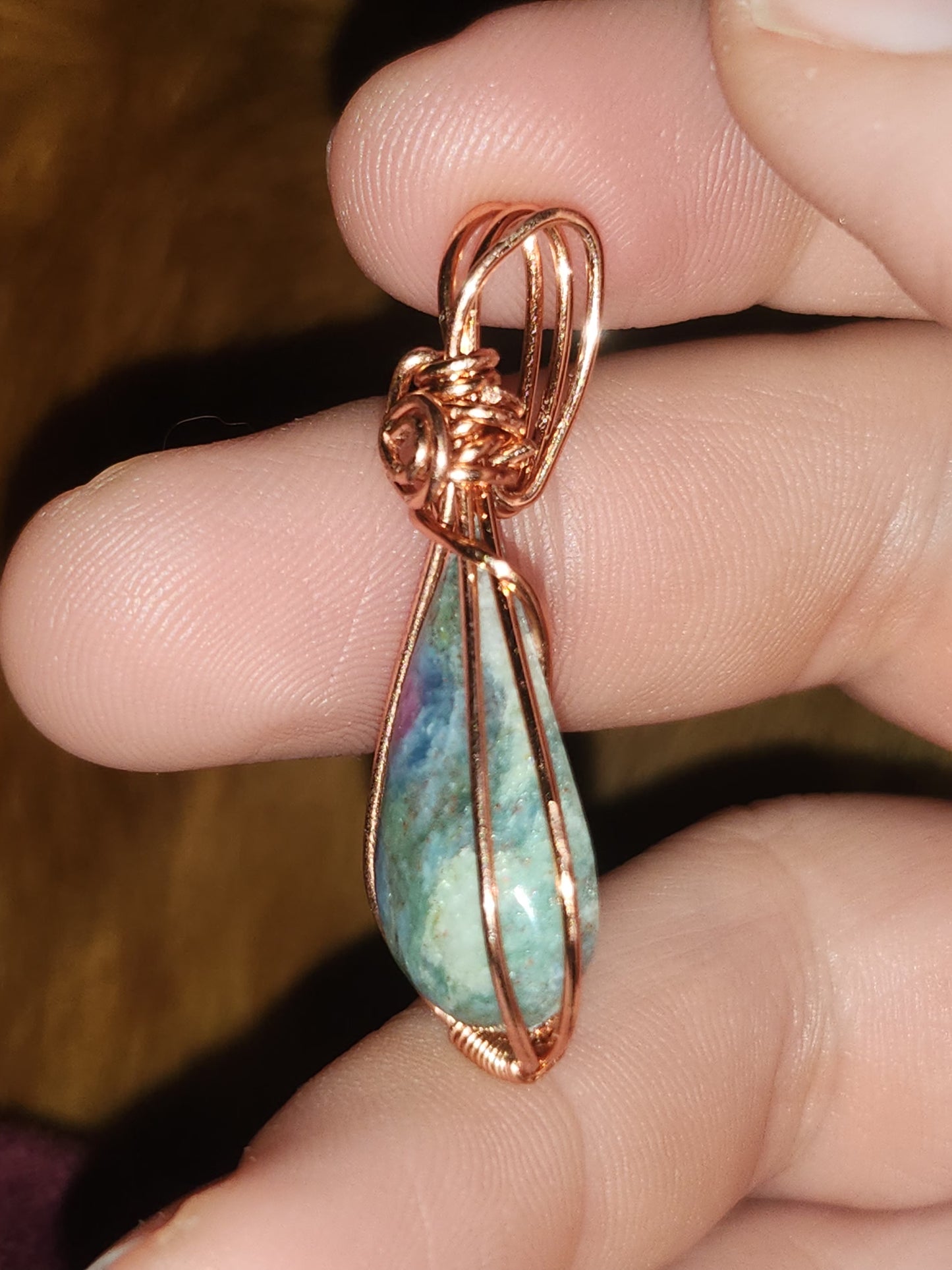 Ruby Fuchsite teardrop pendant in copper
