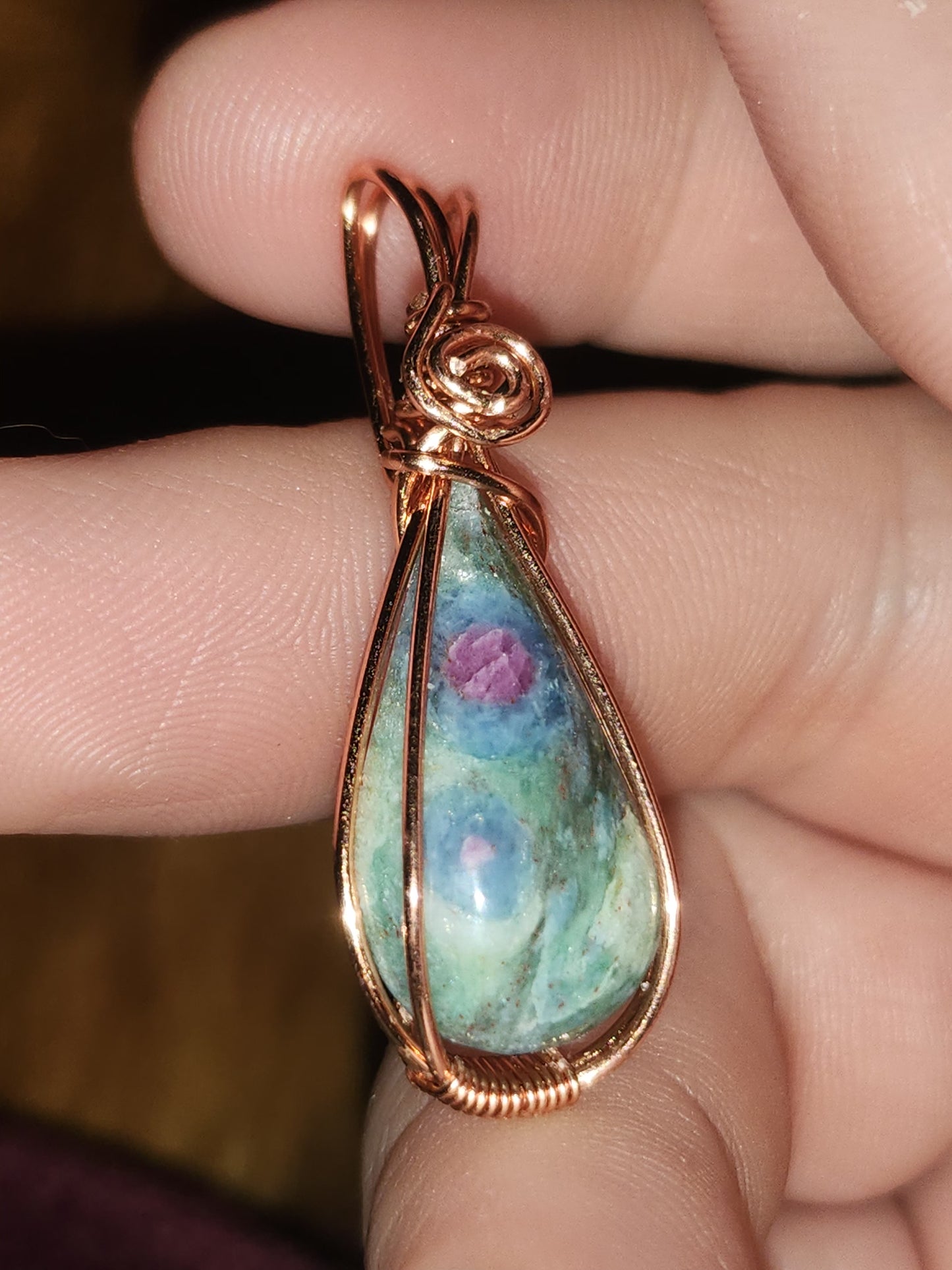 Ruby Fuchsite teardrop pendant in copper