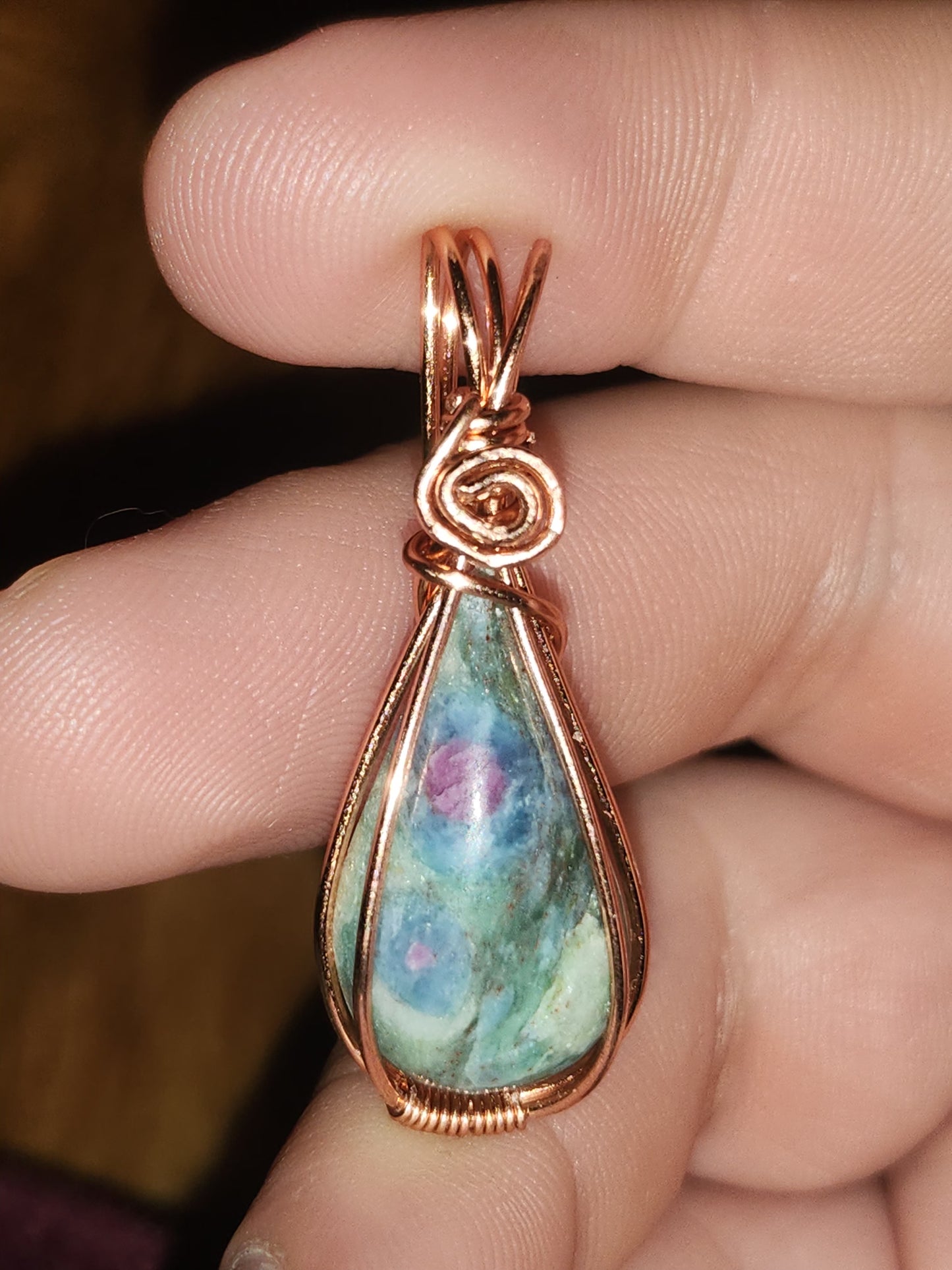 Ruby Fuchsite teardrop pendant in copper